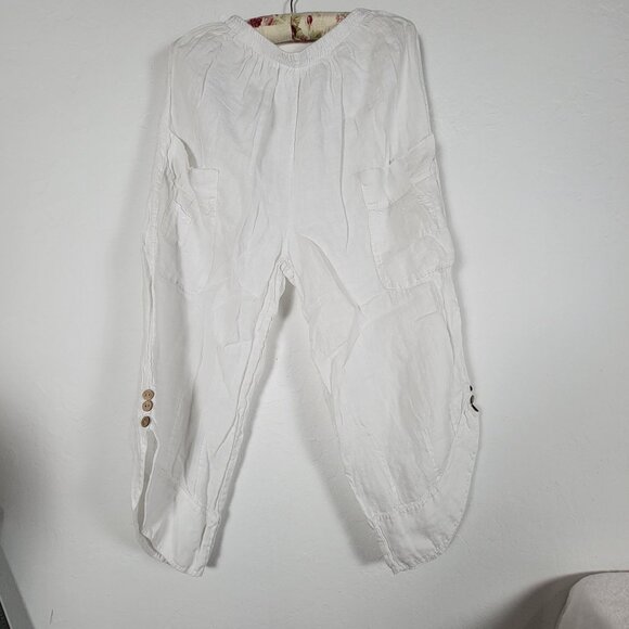 Vintage Italian White Linen Cargo Cropped Pants Elastic Waist Casual Pull-On - Picture 1 of 9